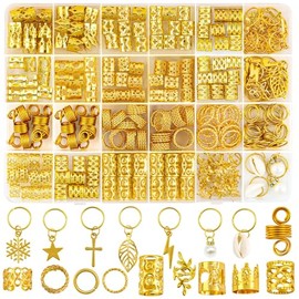 Gold Hair Accessories Set, 245 Pieces, Metal Braid Beads Cuffs Charms Rings, Decorative Hair Jewelry with Snowflake Star Cross Pearl Pendants, Festiva