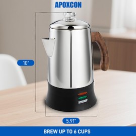 APOXCON Electric Coffee Percolator Stainless Steel Coffee Maker with Tough Glass Clear Brew Progress Knob & On/OFF Switch Keep Warm Cordless Serve for Home and Hotel Room Use Gift Box Packaging 6 Cup