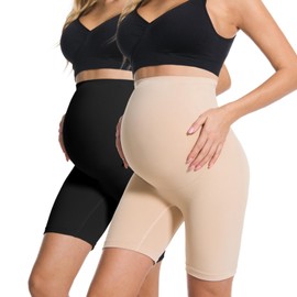 HOFISH Women's Maternity Shapewear Seamless Pregnancy Underwear for Dresses Belly Support High Waisted Panties Shorts BlackBeige L