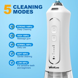 WellLeo Water Flosser for Teeth, 300ML Cordless Oral Irrigator Rechargeable Dental Flosser Picks with 5 Modes 5 Jet Tips,IPX7 Waterproof Teeth Cleaner for Braces Gum Care, Home Travel Use