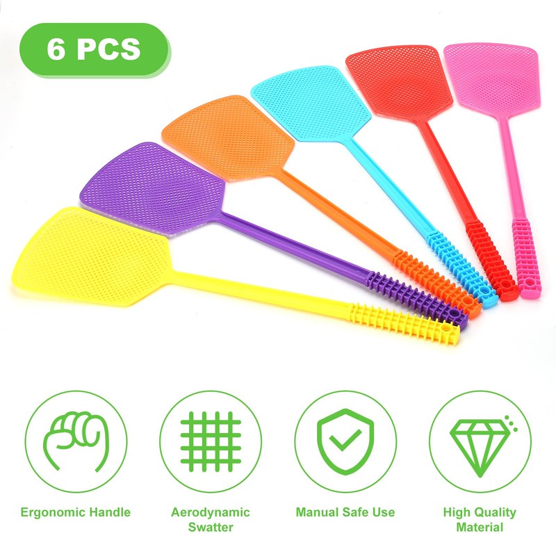 Fly Swatter,Plastic Flyswatters Multi-Pack,6 Bulk Vibrant Colorful Fly Killer,Long Handle