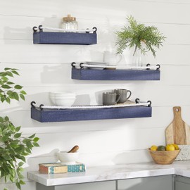 Deco 79 Wood 3 Shelves Wall Shelf with Knotted Rope, Set of 3 32", 25", 17"W, Blue