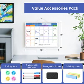 Lumspax Colorful Whiteboard Calendar for Wall, 16" x 12" Small Hanging Dry Erase Calendar Board, Monthly White Board with Markers, Magnets, Eraser and 3 Mini Sticky Notes for Home, School, Office