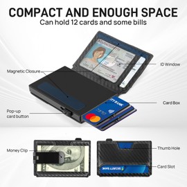 Geyrut Slim Wallet for Men, Mens Wallet RFID Blocking Minimalist Compact Men's Slim Pop-Up Card Holder with Money Clip ID Window Bifold Leather Front Pocket Wallets for Men (Black-Carbon Fiber)