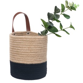 Wall Hanging Storage Baskets - Small Cotton Rope Woven Closet Storage Bins-Shelf Basket Organizer for Plants, Towels ,Toys - 6.3" x 7" (Jute & Black)