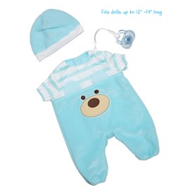 JC Toys |Blue Bear Onesie | Baby Doll Outfit + Hat + Pacifier | | Ages 2+ | Fits Dolls 12"- 14"