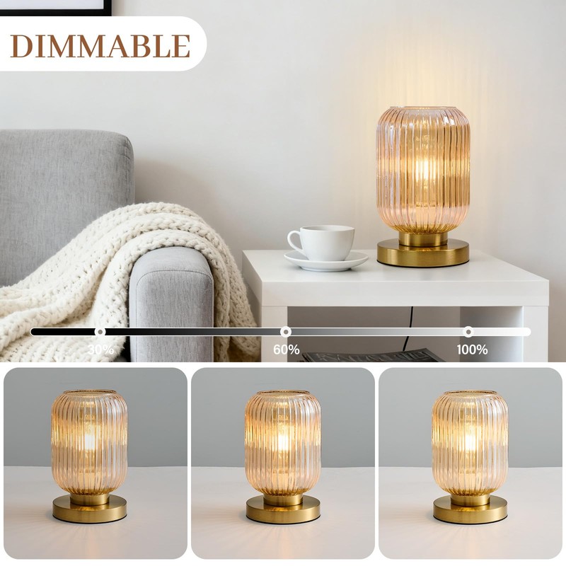 Mid Century Modern Table Lamp: Vintage Amber Ribbed Glass Globe