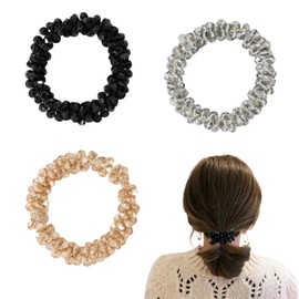 3PCS Rhinestone Hair Ties,Fashion Elastic Ponytail Holders Hair Bands,Chamapgne Glitter Hair Scrunchies,Shiny Elastic Scrunchies Beaded Hair Ties,Sliver Sparkly Hair Accessories for Ladies Women Girls