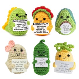 UNCLEM 6PCS Mini Emotional Support Nuggets Positive Crochet Animals Set Potatos Pickle Taco Dinosaur Funny Inspirational Gifts for Women Men Coworker, Cute Birthday Gifts, College, Office Desk Decor