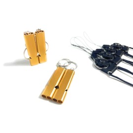 BSPIX 4-Pack Loud 120dB Double Tube Emergency Whistle - Aluminum Alloy, Corrosion-Resistant Safety Whistle with Lanyard & Keychain-Ideal for Camping Hiking Boating Fishing Survival Tool (Gold)