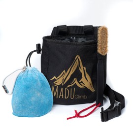 Madu Climb Premium Rock Climbing Chalk Bag – Chalk Pouch with Zippered Pocket, Brush Holder, Fleece Lining (Black Bundle)