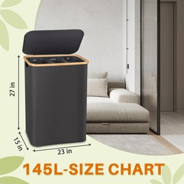 Bathola 145L Laundry Hamper with Lid, 3-Compartment Foldable Laundry Basket with Removable Bags, Dirty Clothes Organizer for Bedroom Black:_Beige
