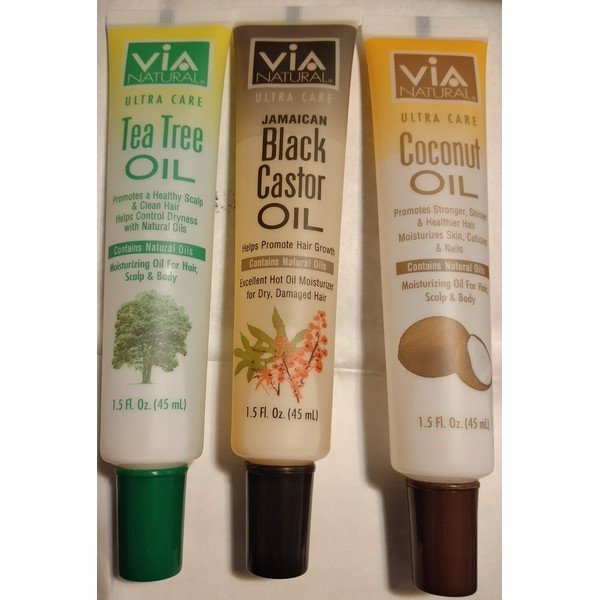 VIA NATURAL Ultra Care Jamaican Black Castor Oil, Excellent Hot Oil Mositurizer, Tea Tree & Coconut Oil For Hair, Scalp & Body, Bundle (1.5 fl.oz Each) Pack of 3
