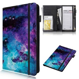 DHYYDSQZ Server Book for Waitress 9 x 5" PU Leather Waiter Book Organizer with Zipper Money Pocket Serving Book Restaurant Guest Check Book Pen Holder Wallet Note Pads Fit Server Aprons,Purple Galaxy