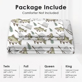 Fish Bedding Set Fishes Theme Comforter Set Fishing Duvet Cover Bedroom Decor Soft Twin Full Queen King Size Quilt Cover with 2 Pillowcases for Kids Teens Adults Women Men 90x90