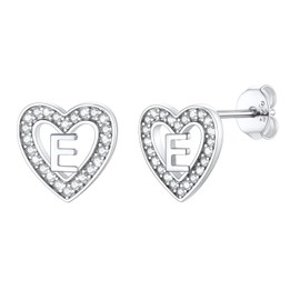 SILVERCUTE 925 Sterling Silver Heart Stud Earrings, CZ Simulated Diamond Stud Earrings, Initial Earrings for Girls Women Dainty Small Letter E Earrings