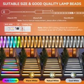 50Ft Outdoor RGBWW+IC LED Strip Lights with Remote & APP,IP67 Waterproof