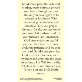 St. Monica LAMINATED Holy Card (5-pack) with Two Free Prayer Cards Included