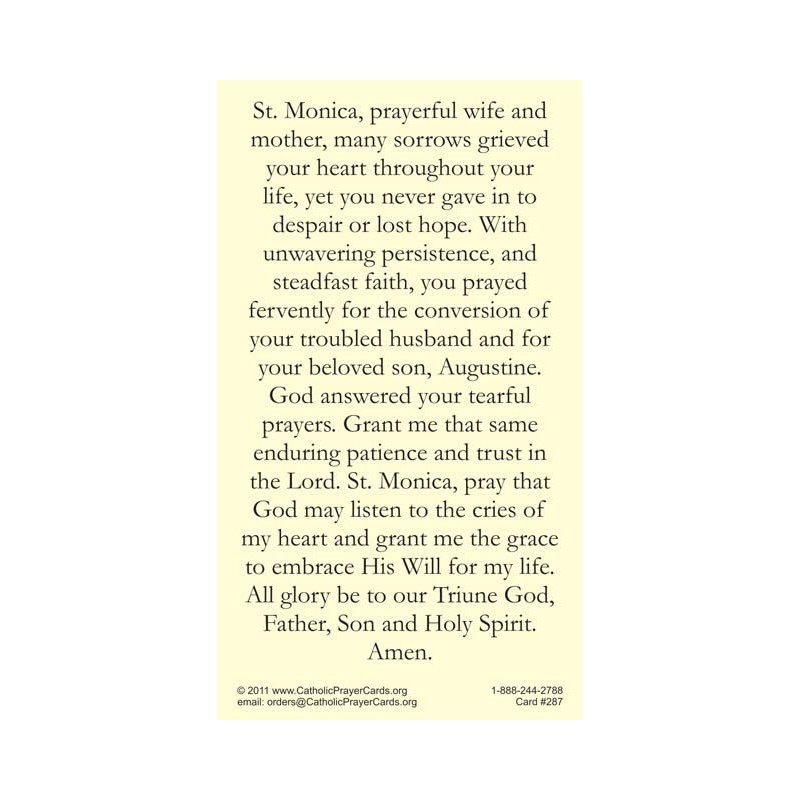 St. Monica LAMINATED Holy Card (5-pack) with Two Free Prayer