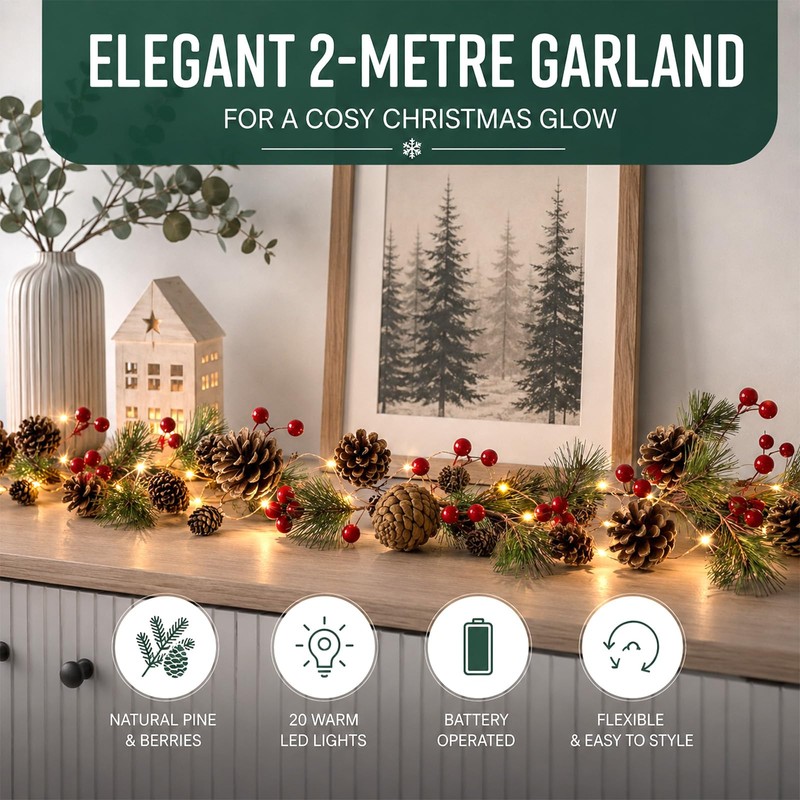 2M Christmas Garland with Lights Pine Berry Decoration for Indoor