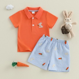 XIXIMAON Baby Boy Easter Outfits Rabbit Carrot Embroidery Lapel Collar Short Sleeves Shirt Stripe Shorts 2pcs Infant Summer Gentleman Clothes Set (Orange, 12-18 Months)