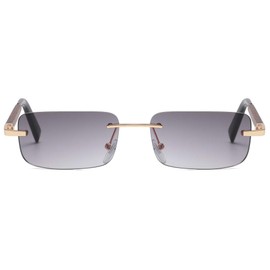 Men Tinted Rimless Rectangular Sunglasses Retro Imitated Wood Frame Women Glasses (gold with gray)