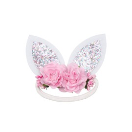 Girls Spring Bunny Ears Headband Birthday Flower Crown Woodland Floral Head Piece (Gold Tone and Silver Tone Ears)