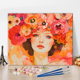 ZOZHI Paint by Numbers for Lady Pretty Flowers Painting Art on Canvas DIY Wearing a Floral Hat Girl Painting Artwork Red Orange Painting Art Gifts Kits for Bedroom Decor 16x20 Inch