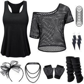 Yuriko 80s Outfit Party Costumes Fishnet Neon Off Shoulder T-Shirt Two Pieces With Fancy Dress Costume Accessories(Black 2XL)