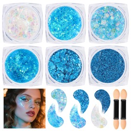 DAGEDA Face Glitter Gel, Blue Body and Hair Glitter Gel Mermaid Makeup, 6 Shapes Sparkly Sequins for Women Kids, Singer Concert Festival Party Rave Accessories Holographic Makeup 03