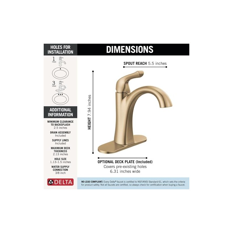 Delta Arvo Brushed Gold Bathroom Faucet 1 Hole, Single Hole