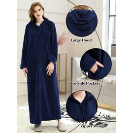 Artfasion Womens Zipper Hooded Robe: Long Zip Up Front Bathrobes Full Length Soft Bath Robes Cozy House Coat Sleepwear with Pockets for Wife Mom Female Friend Holiday Gifts (Navy Blue S-M)