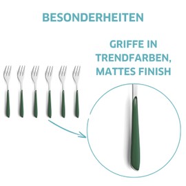 Kuppels Prisma - Set di posate da torta in acciaio inox 18/0, 6 pezzi, per 6 persone, ciotole in plastica di alta qualità, colore verde abete, antiruggine e lavabile in lavastoviglie