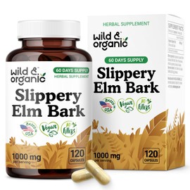 Wild & Organic Slippery Elm Bark Capsules 1000 mg - Digestive, Lung & Women's Support - Slippery Elm Supplement - Ulmus Rubra Powder - 60 Days of Supply - Vegan, No Fillers, Non-GMO - 120 Count