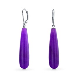 Simple Purple Quartz Amethyst Color Gemstone Elongated Teardrop Lever Back Dangle Earrings For Women .925 Sterling Silver