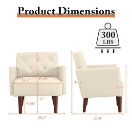 Hdxdkog White Leather Accent Chair for Living Room Comfy Upholstered Arm Chair Compact Single Reading Chair for Waiting Room Bedroom Office Small Spaces (White, 29.1" x 25.6" x 31.1")