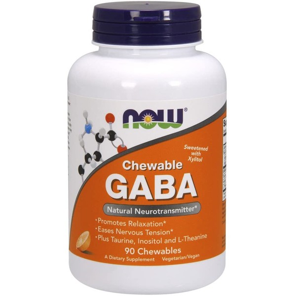 NOW Supplements, GABA (Gamma-Aminobutyric Acid), Neurotransmitter Support*, Orange Flavor, 90 Chewables