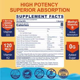 Vitamin D3 5000IU + K2 (MK-7) 120mcg, Sugar-Free Vitamin D3 K2 Filled Gummies with Vitamin B Complex - Methyl B12, B9, B6 | Vitamin E & Zinc, MCT Oil - Supports Bone & Teeth Strength, Immune, 2PACK