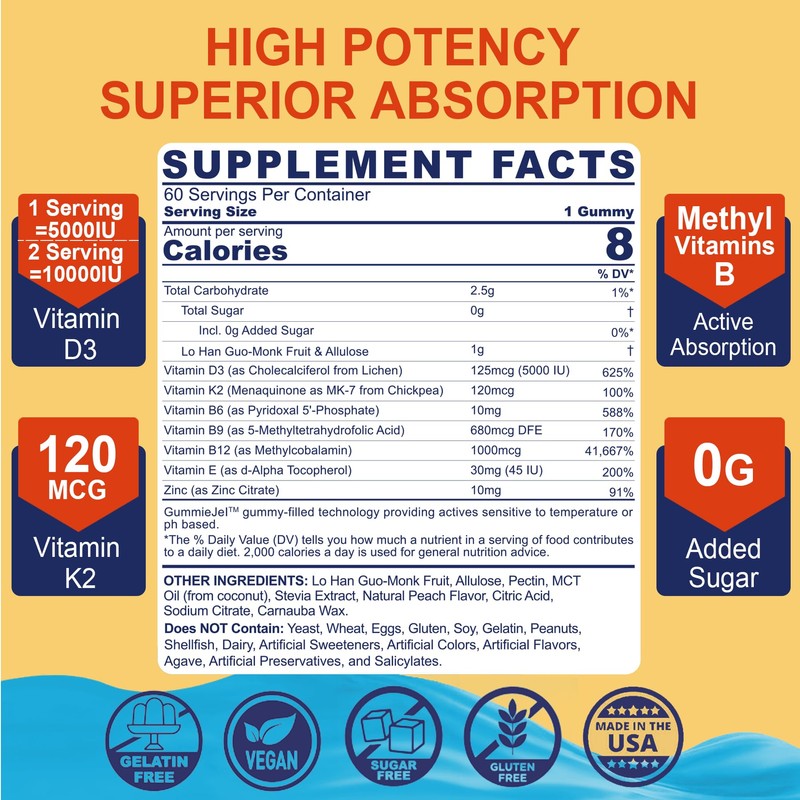 Vitamin D3 5000IU + K2 (MK-7) 120mcg, Sugar-Free Vitamin D3