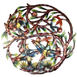 Global Crafts 24" Recycled Hand-Painted Haitian Metal Wall Art Tree of Life, Tree with 3 Birds