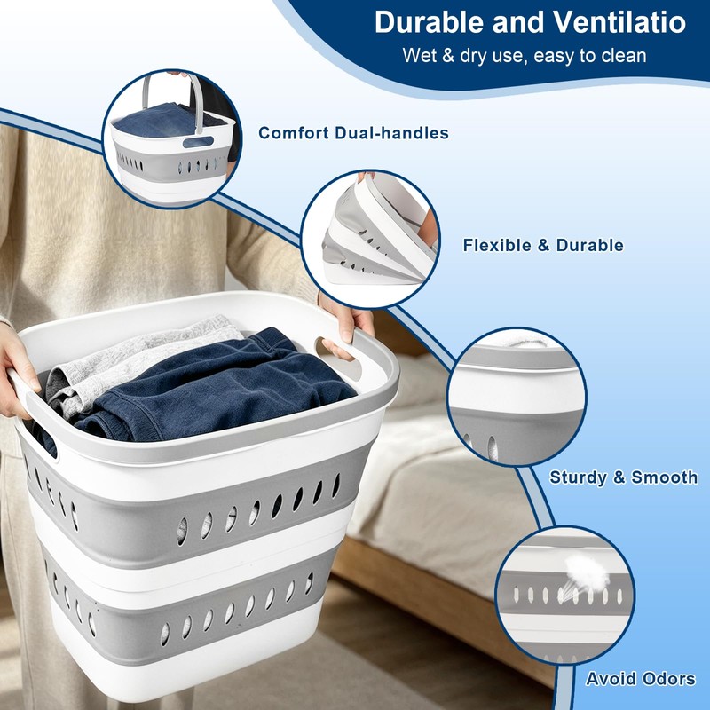 46L/12 Gal Collapsible Laundry Baskets, Foldable Hamper with Handles, Plastic