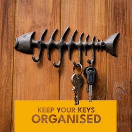 AdoreYourSpace Fish Bones Rustic Cast Iron Key Holder for Wall, Heavy Duty Coat Hooks, Decorative Vintage Key Rack, Key Hooks Wall Mounted with 4 Cast Iron Hooks - Rust Black