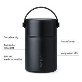 VINSUN Thermal Food Container 800 ml with Spoon - Stainless Steel, Leak-Proof, Wide Mouth - Double-Walled Insulated Food Container for Work, School, Hiking, Camping