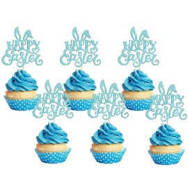 24 piezas de decoración para cupcakes de Pascua con purpurina azul, conejo de Pascua para cupcakes, decoración para feliz día de Pascua, baby shower, suministros de fiesta de cumpleaños para niños