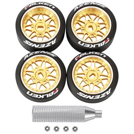 4 Pcs 25mm Star Shaped Rc Drift Wheels & Logo Drift Tires for 1/24 1/28 Wltoys, [2N+2W] Aluminum Alloy Rims with Rc Drift Car Tires for 1/24 1/28 Mini-Q HGD1 Wltoys K969 K989 k929(Gold)