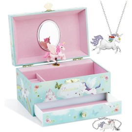 Musical  Box with Big Drawer and zirconia stones  Set with Spinning Unicorn and Glitter Rainbow Butterfly  - Over the Waves Tune Pink - Color: Blue Unicorn