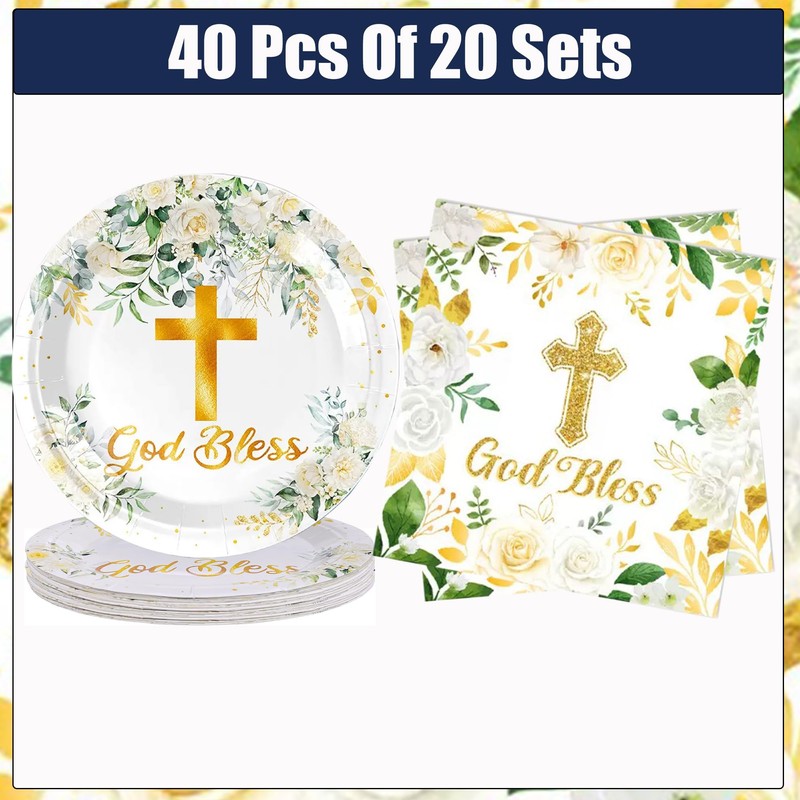 Yorcocek 40PCS God Bless Baptism Tableware Set