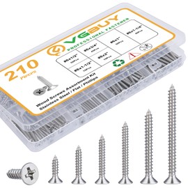 VGBUY 210Pcs Wood Screws Assortment Kit, 304 Stainless Steel Screws, Phillips Drive, Wood Screws, Screws, Screw Set, Assorted Screws, Screws Assortment Kit, 6 Sizes (2”,1-1/2”,1-1/4”,1”,3/4”,1/2”)