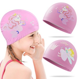 2 Pieces Swimming Cap Kids, Swim Cap Kids Long Hair, Waterproof Polyester Bonnet De Bain for Kids, Cartoon Mermaid Elves Kids Swim Cap, Kids Swimming Caps for Aged 2-12 Girls Boys Teens (B)