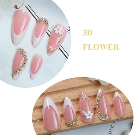 MERVF Almond Press on Nails Medium Fake Nail White French Tip Glue ons 3D Flower Charms Stiletto Acrylic Rhinestones Manicure Glossy 24pcs